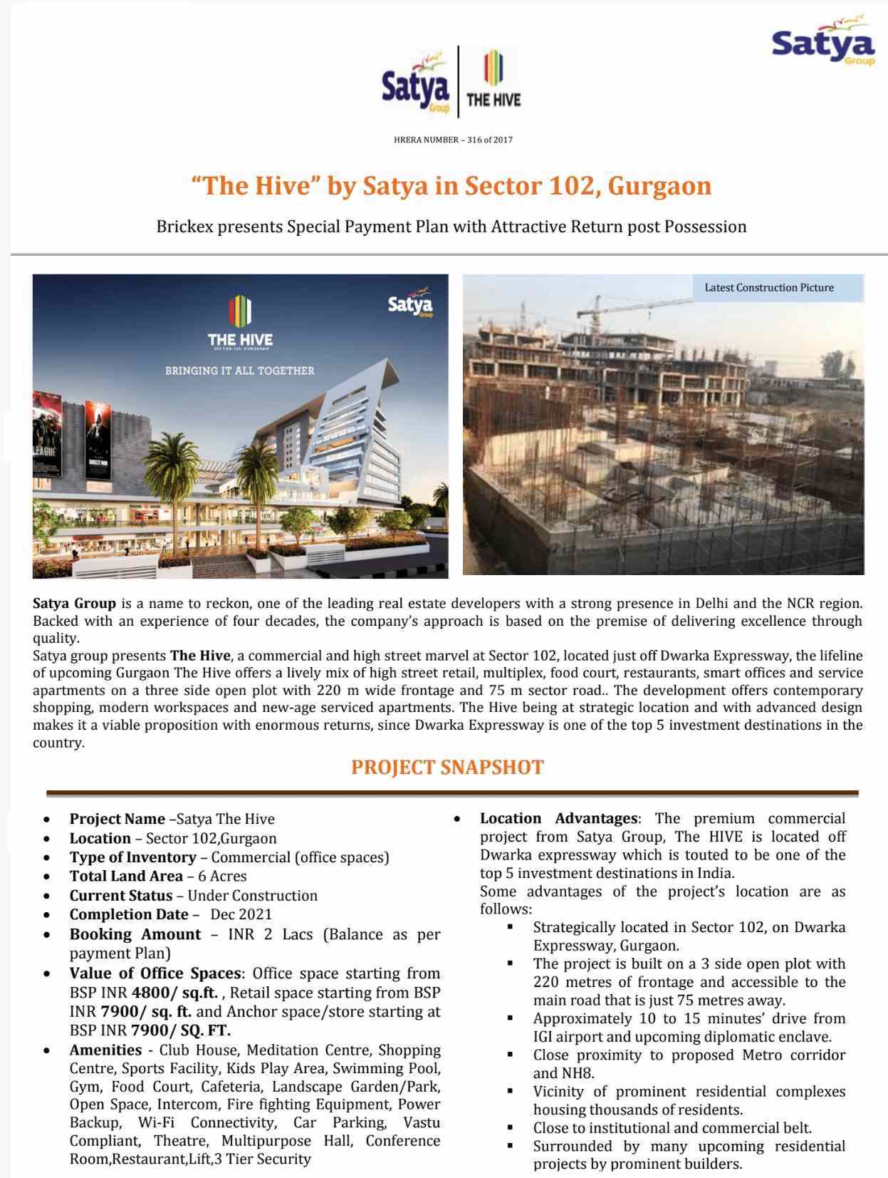 Presenting special payment plan with attractive return post possession at Satya The Hive in Gurgaon Update
